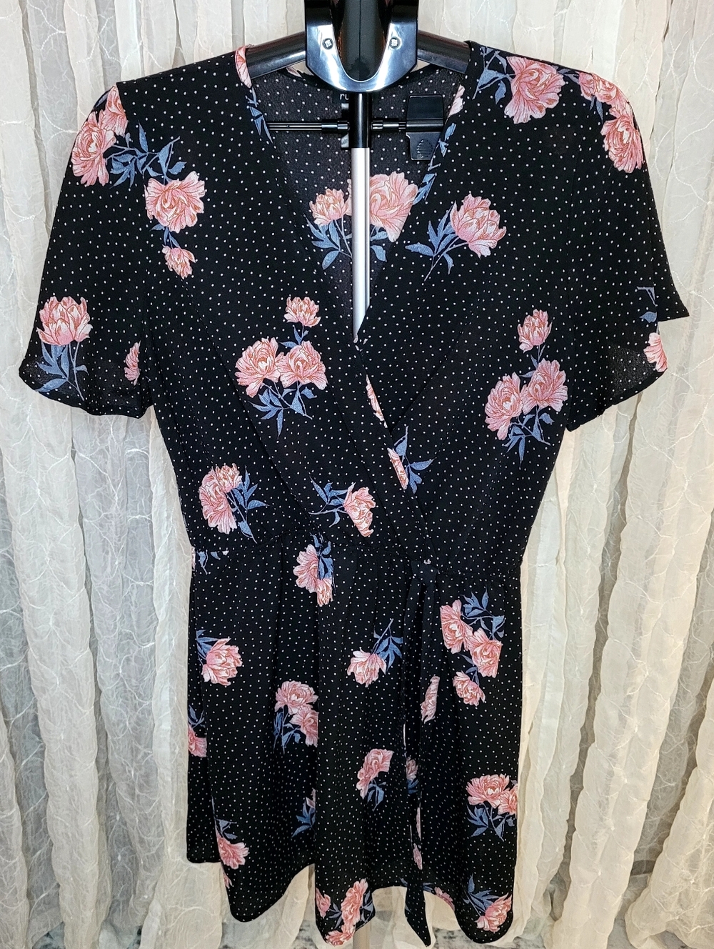 Rue21 Black Faux Wrap Pink Floral Print Swiss Dots Mini Fit & Flare Dress XL
